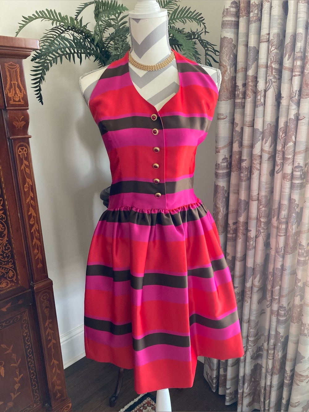 Cynthia Rowley Women's Fit & Flare Striped Halter Backless Dress Size 4/6
